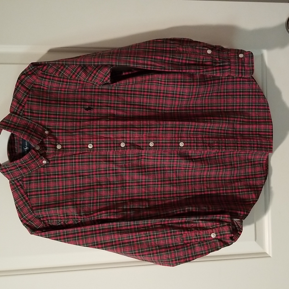 Ralph Lauren Boys M (10-12) light cotton poplin red plaid shirt with green